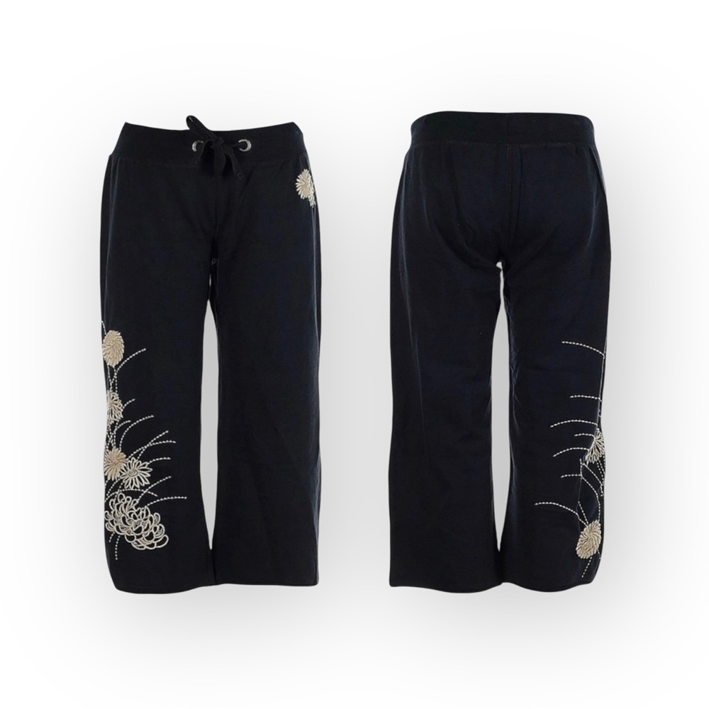 Vintage Y2K: Lucky 𑁍 1000 Petal Lotus Flower Embroidery Crop Sweatpants 𑁍 Navy L